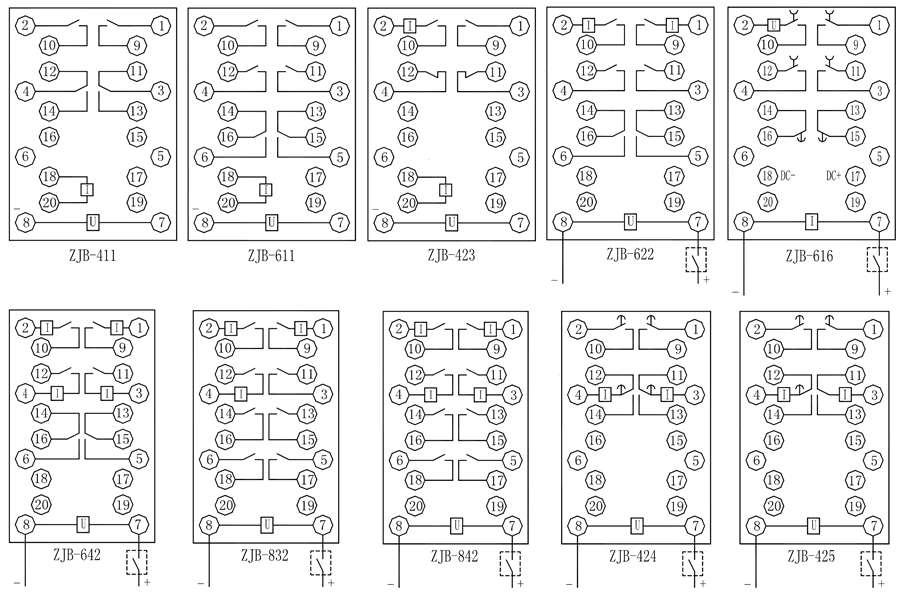 ZJB-622保持中間繼電器內(nèi)部接線圖