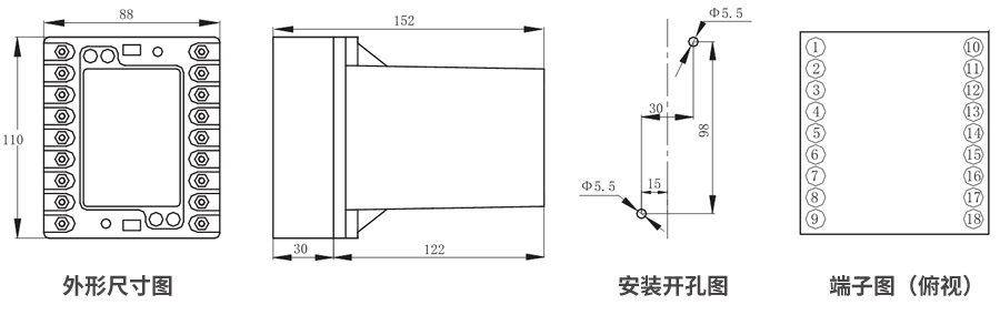 JZS-7/327凸出式板前接線外形尺寸和安裝尺寸圖