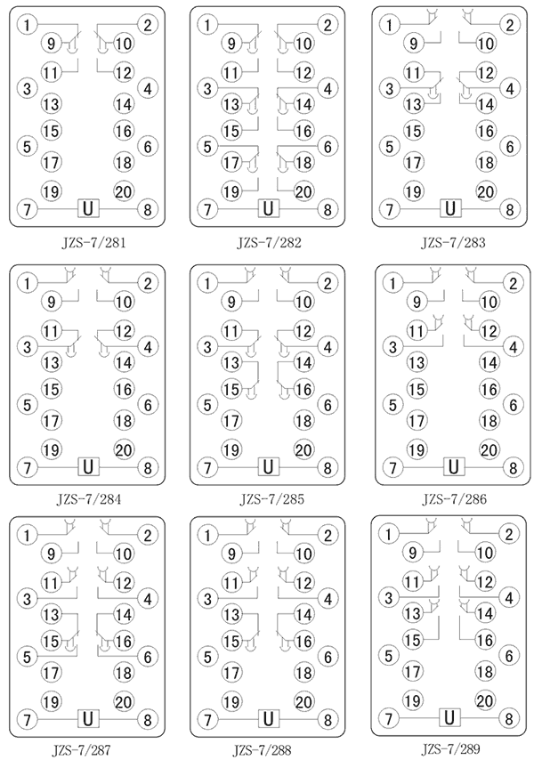 JZS-7/288斷電延時中間繼電器內(nèi)部接線圖